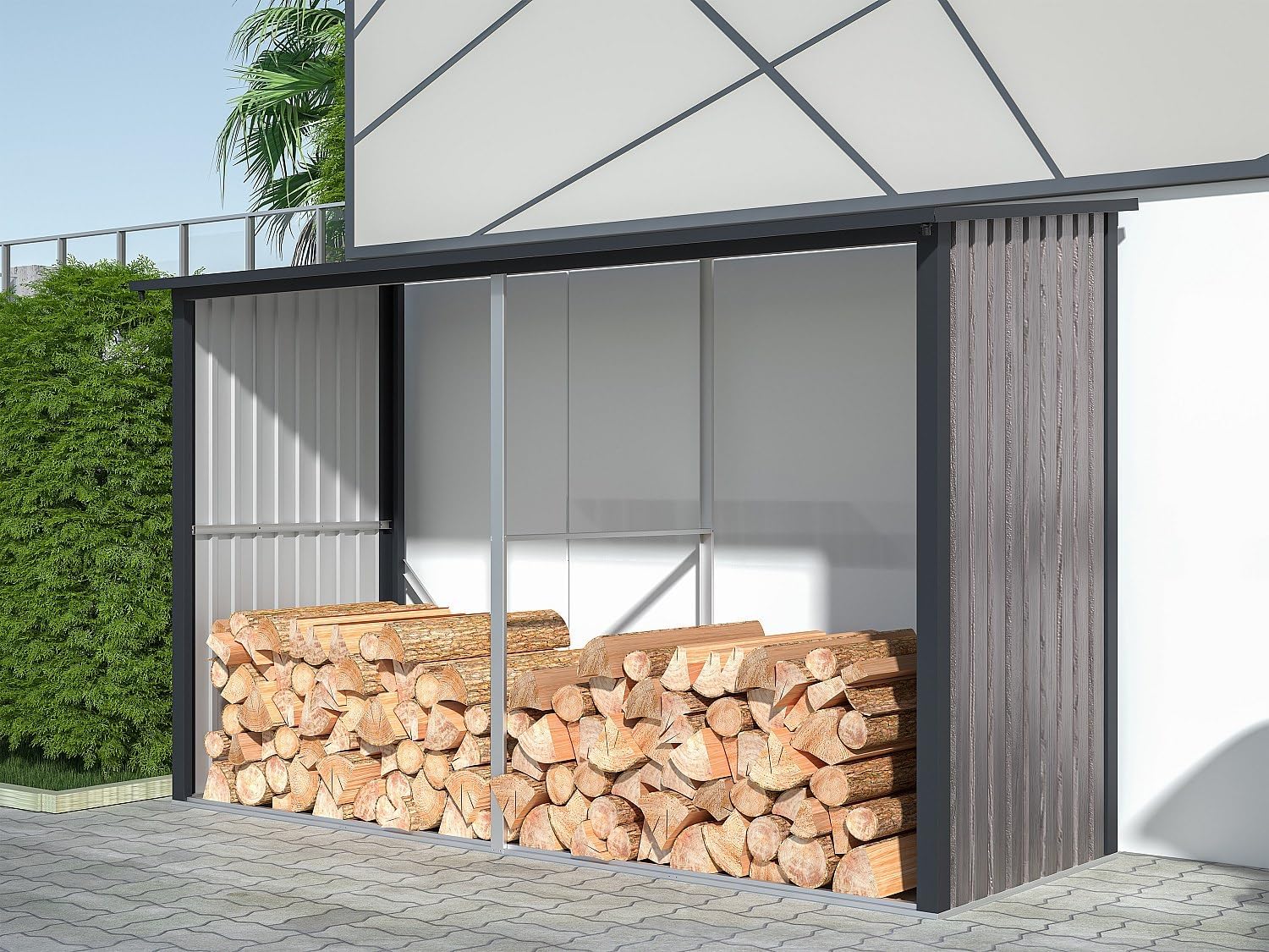 Vente-unique - Abri bûches métal en acier galvanisé effet bois 5,78 m3-7 stéres - L302 x P119 x H190cm - VARWOOD