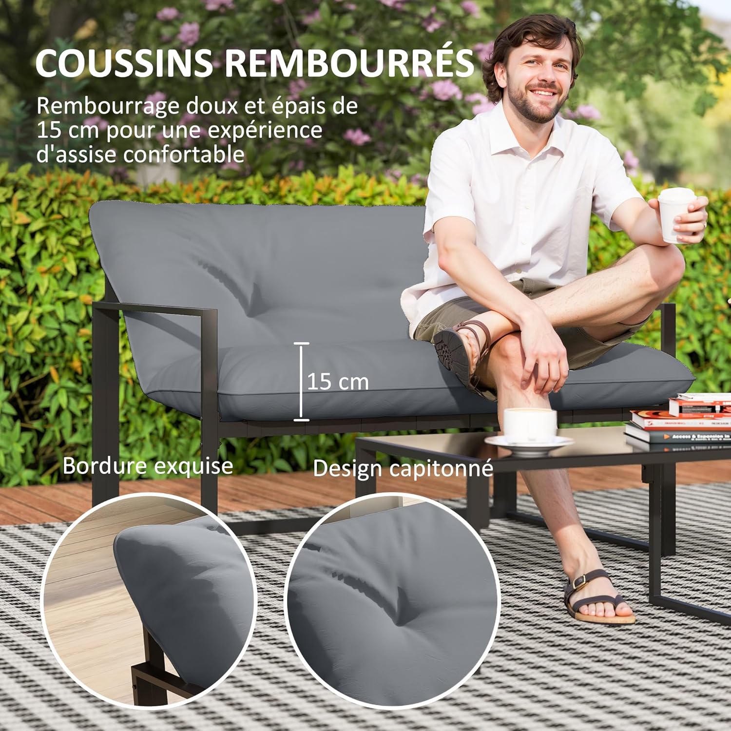 Outsunny - Salon bas 4 pièces - coussins 15cm, structure acier noir, canapé 2 places, table basse, fauteuils