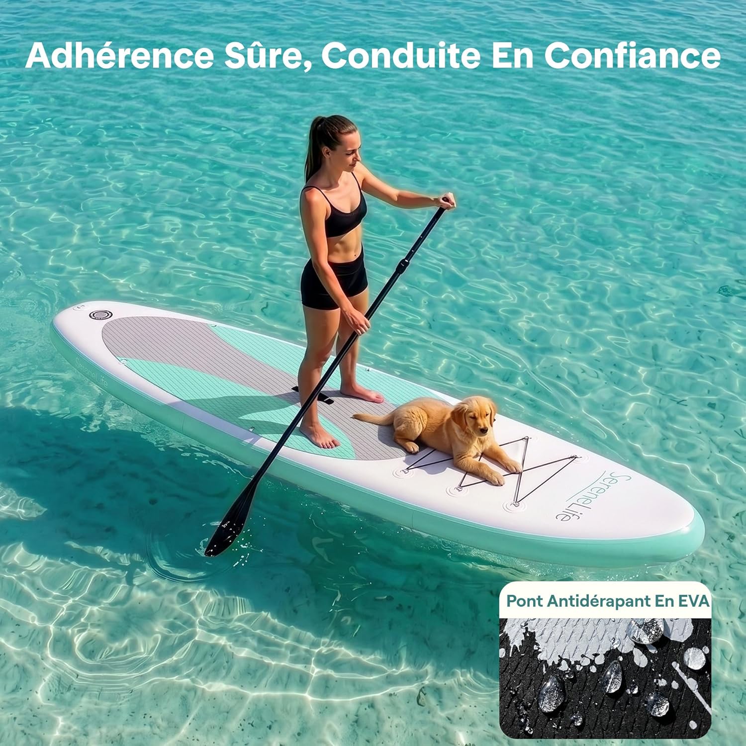 SereneLife Stand Up Paddle Gonflable Adulte 6” – Planche de Paddle avec Accessoires Sup, Sac de Transport, Pont Antidérapant, pour Mer, Lac, Rivière