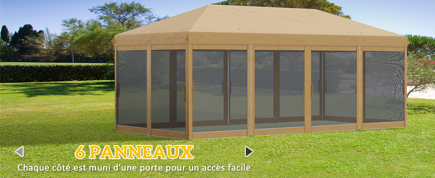 Grand belvédère extérieur avec toit en tissu beige et murs grillagés. Installez-vous sur l'herbe avec des arbres en arrière-plan.