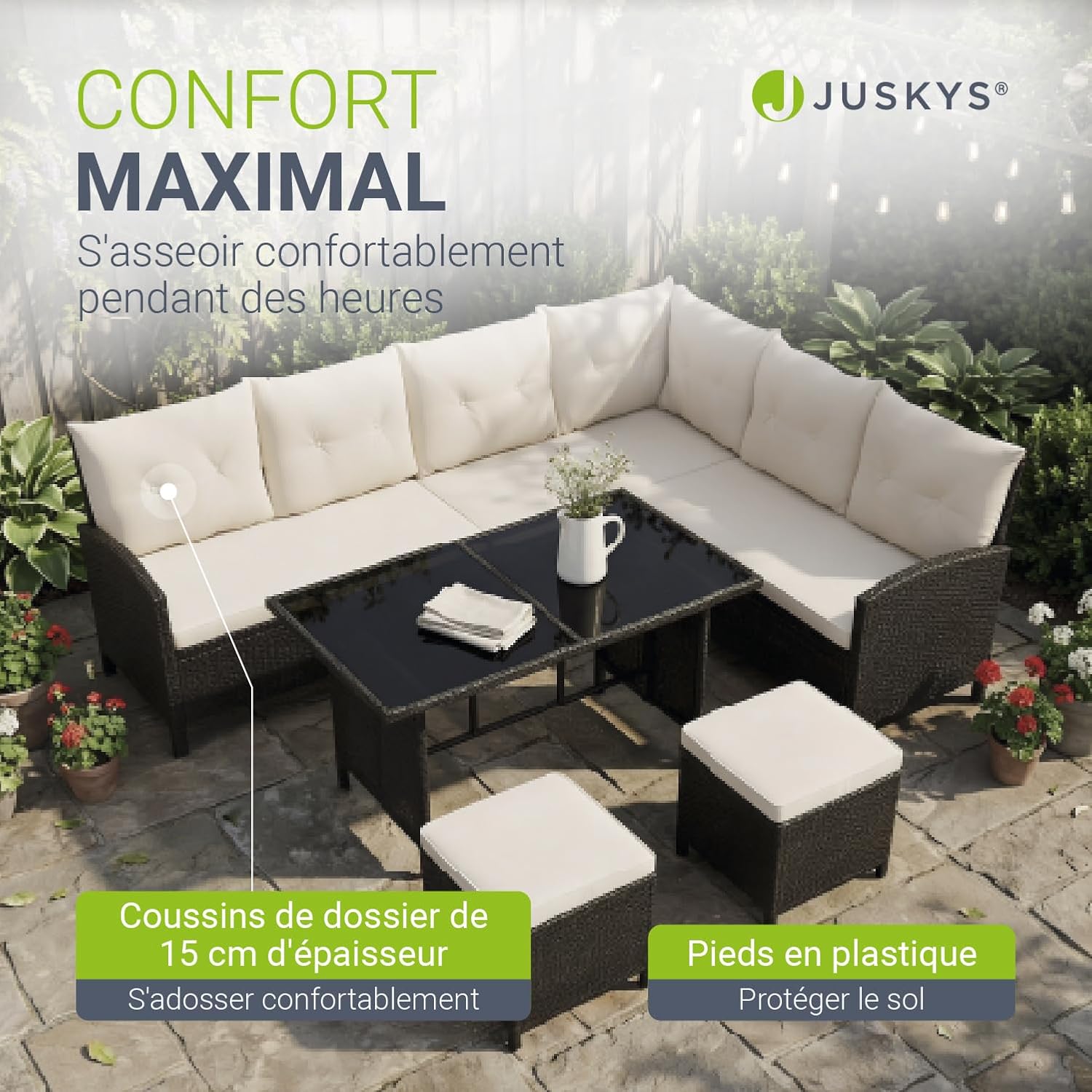Juskys - Salon Manacor - 7 places, polyrotin noir, coussins crème