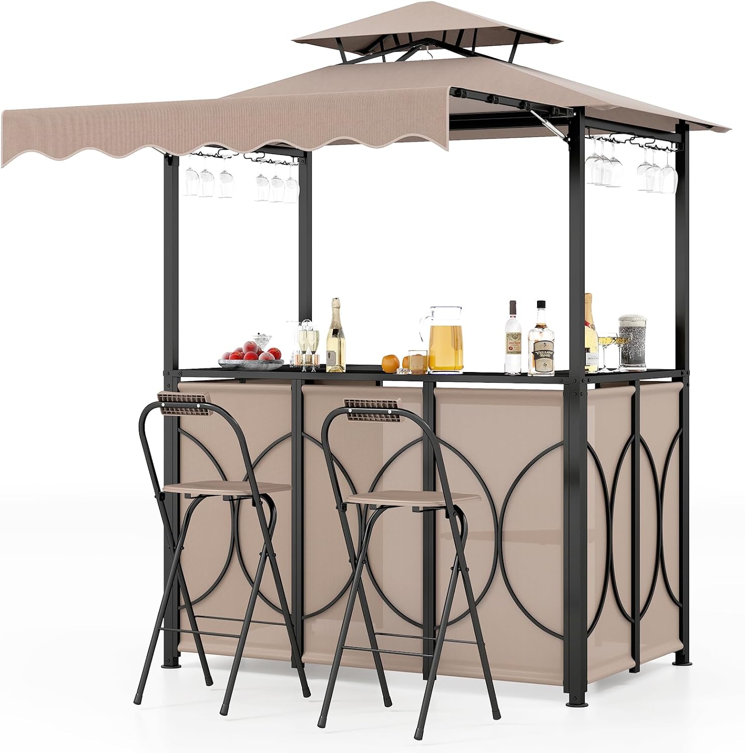 COSTWAY - Tonnelle barbecue extérieur 3 pcs, table bar, 2 chaises pliables, double toit, métal, marron