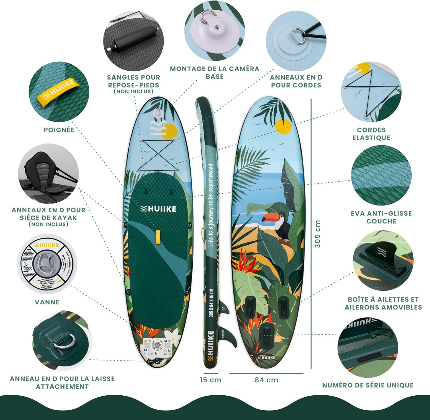 HUIIKE Paddle Gonflable Adulte avec Accessoires Inclus, Pagaie, Ailerons, Pompe. Planche de Stand Up Paddle Grande Stabilité et Résistance. 305 x 84 x 15 cm, Jusqu'à 130 kg