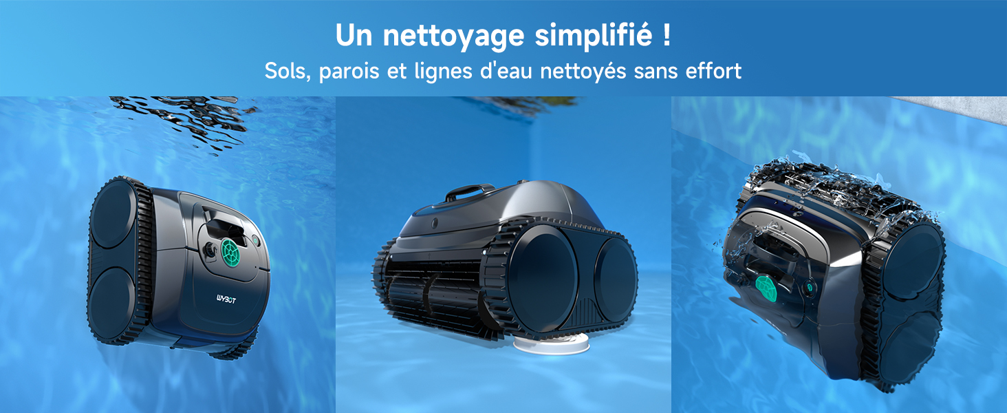 Trois objectifs d'appareil photo professionnels montrés sous l'eau avec le texte français « Un nettoyage simplifié ! » sur fond bleu.