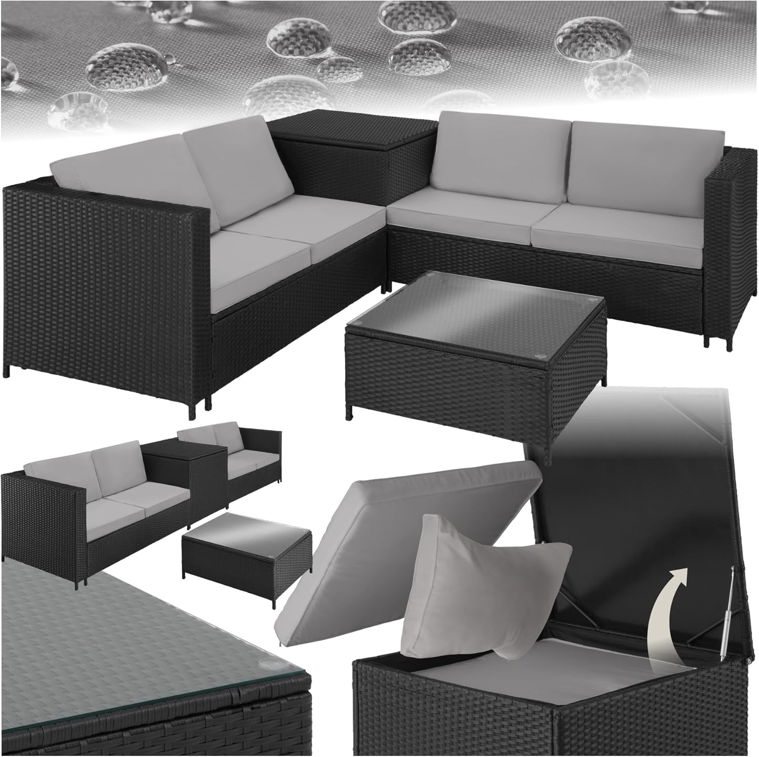 tectake - Ensemble salon jardin poly rotin, 4 places, coffre rangement, table verre