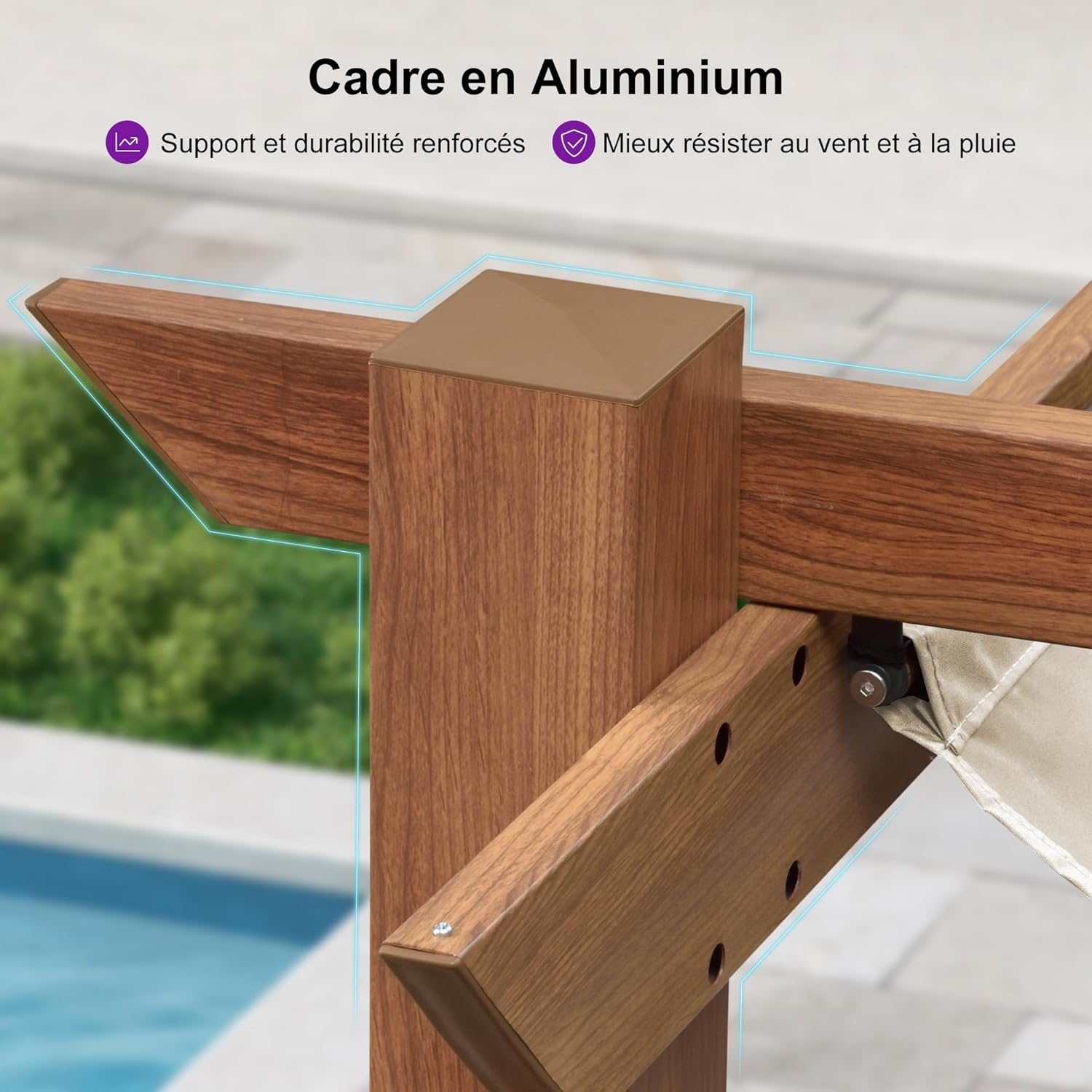 PURPLE LEAF - pergola aluminium - 3x3m - teck, toile rétractable, kaki