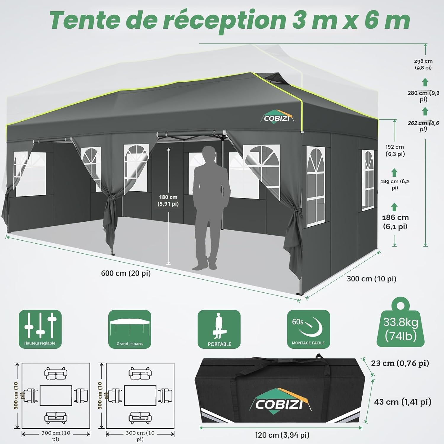 COBIZI - Tonnelle pliante série Pop up - 3x6m - imperméable, ventilation, anti-UV