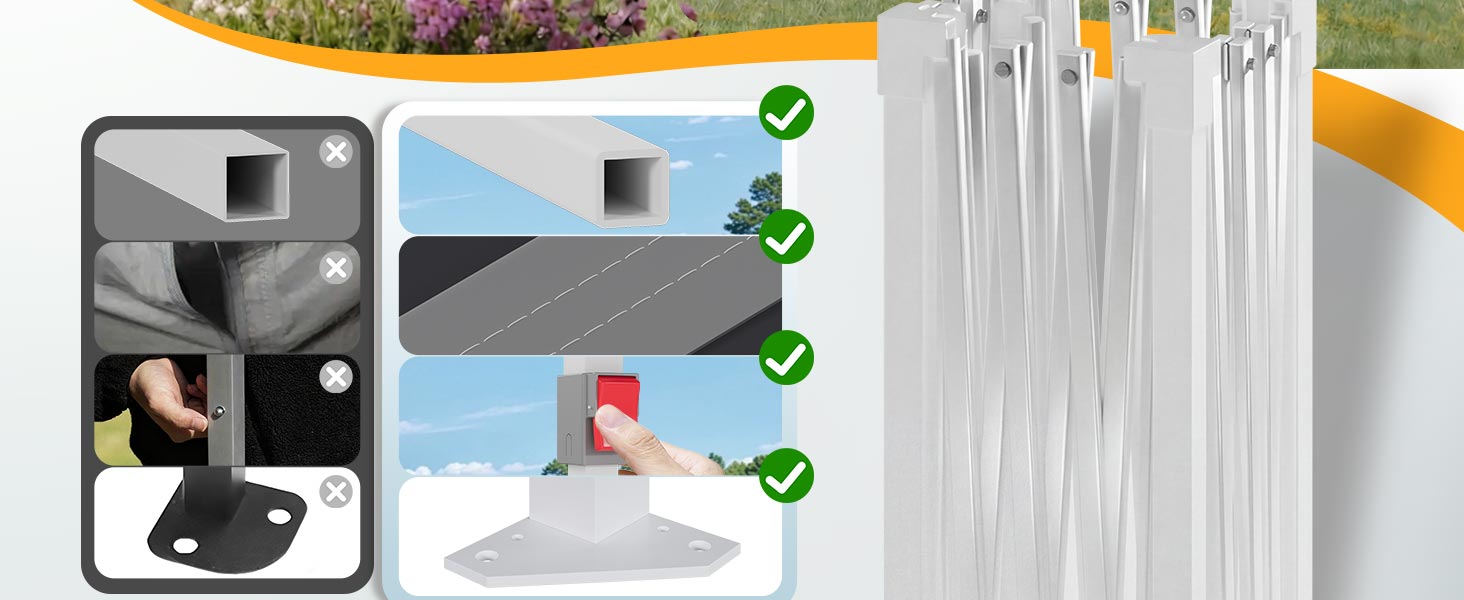 Vue divisée du produit : la gauche montre un appareil cylindrique noir avec plusieurs indicateurs de coche verts ; la droite affiche un espace de stockage de documents blanc organisé avec une bande décorative dorée.