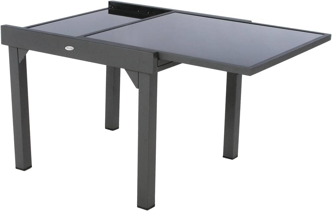 Hespéride - Table Piazza Gris Graphite extensible 8 places - Aluminium anti-rouille, verre trempé, rallonge coulissante.