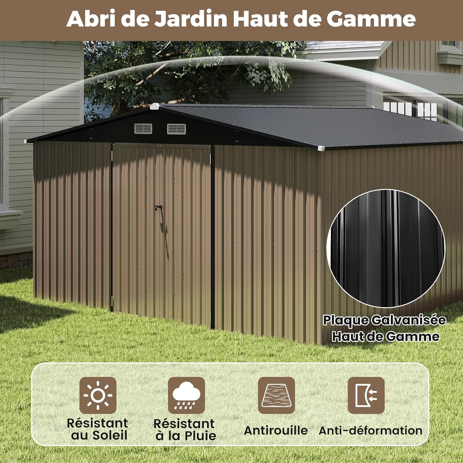 Costway - abri de jardin métal, 12m², toit double pente, double porte, 4 aérations