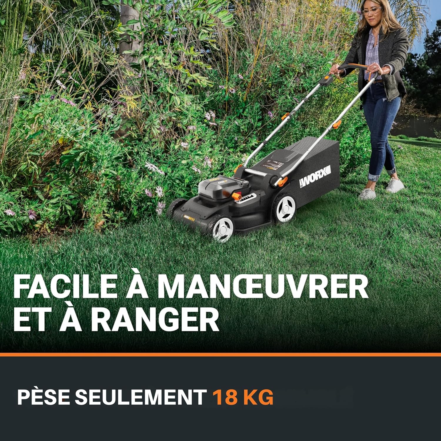 WORX - Tondeuse sans fil 40V - 41cm - 6 hauteurs, bac 50L, 2x4Ah, WG745E