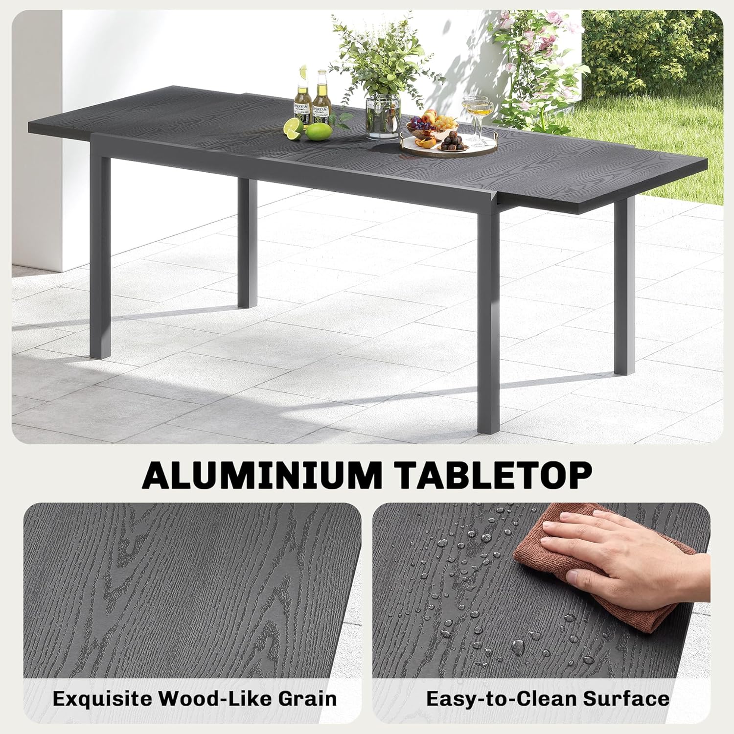 Outsunny - Table Extensible - 154-214 cm - Aluminium bois, pieds réglables, 8-10 pers.