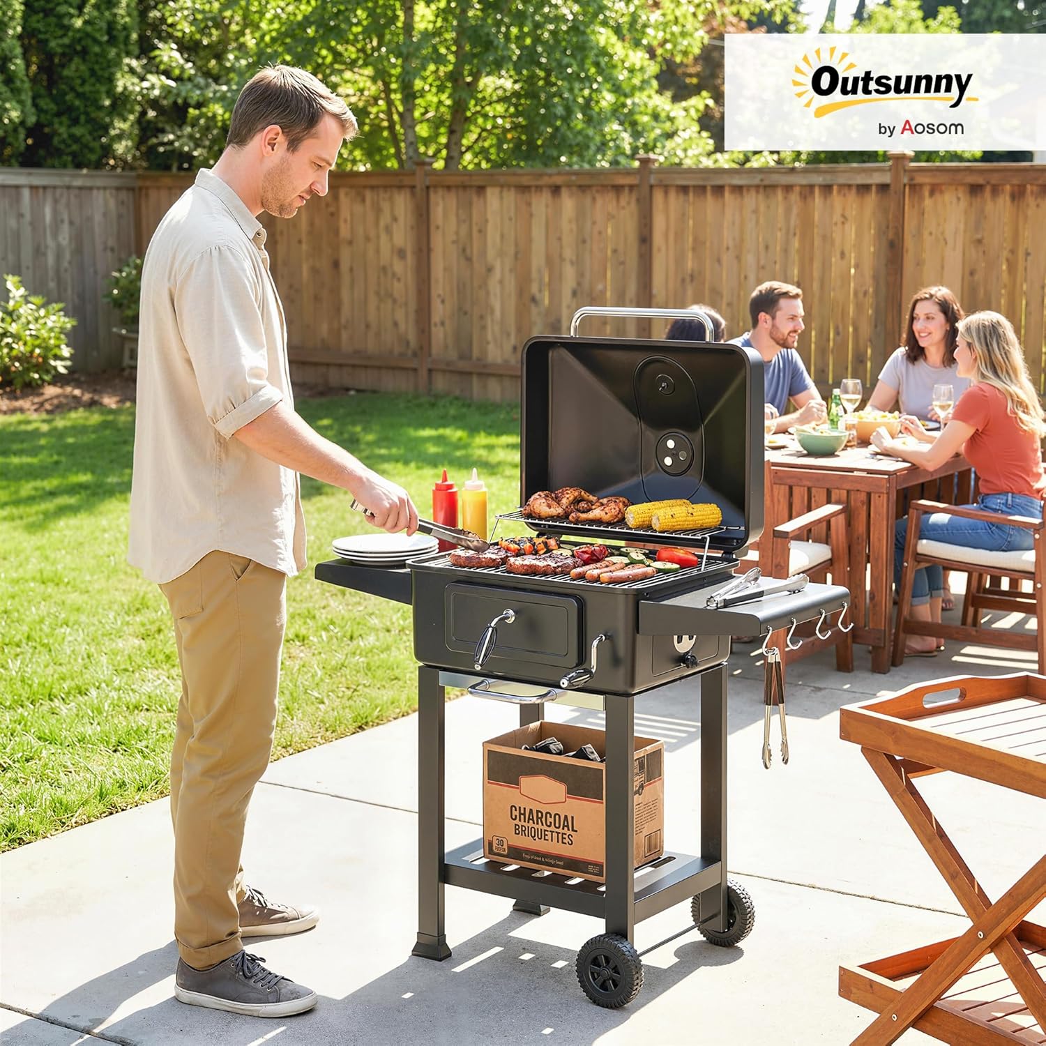 Outsunny - Barbecue XXL 112 cm - fumoir, thermomètre, chariot, couvercle