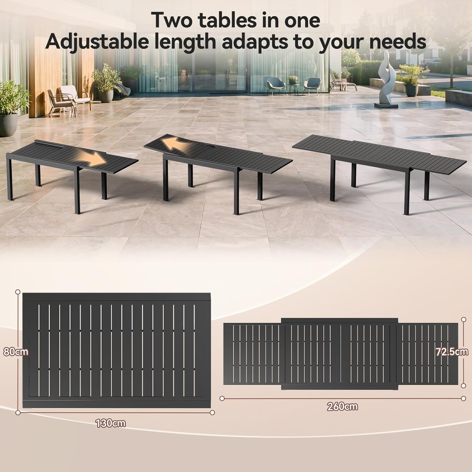 JUMMICO - table extensible 260x80cm - aluminium résistant, facile entretien