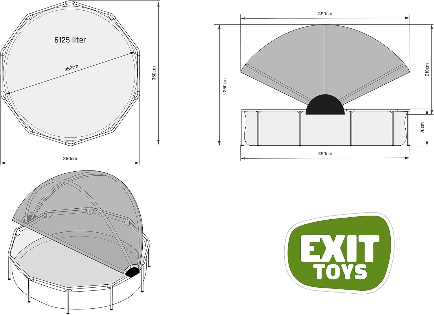 EXIT Toys Piscine Stone avec Voile d'Ombrage - ø360x76cm - Piscine Hors Sol Ronde avec Pompe Filtrante à Cartouche - Protection Optimale Contre Les Rayons UV - Entrée Basse - Design Unique - Gris