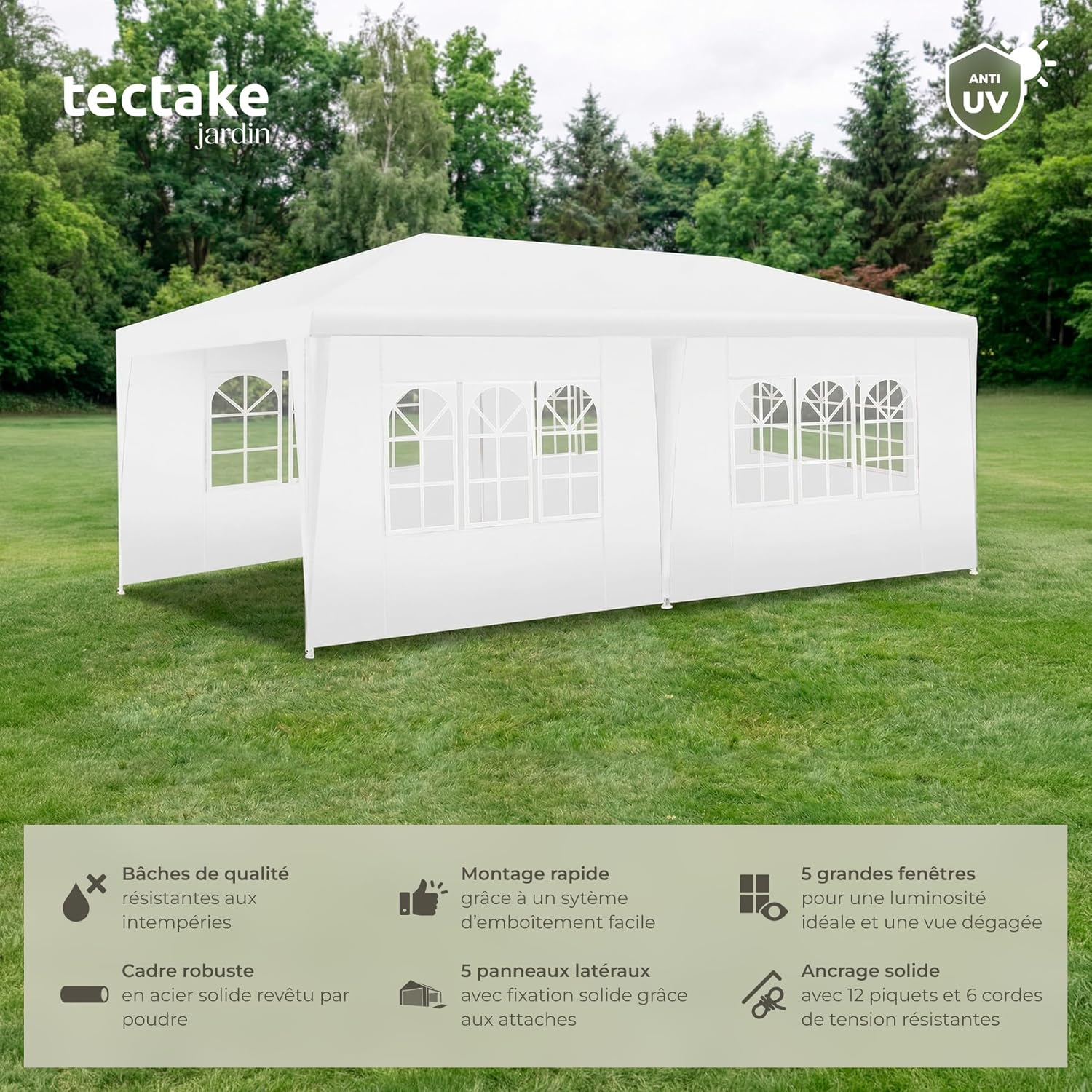 tectake - tonnelle de jardin 6x3 m - UV 30+, eau, parois amovibles, acier époxy