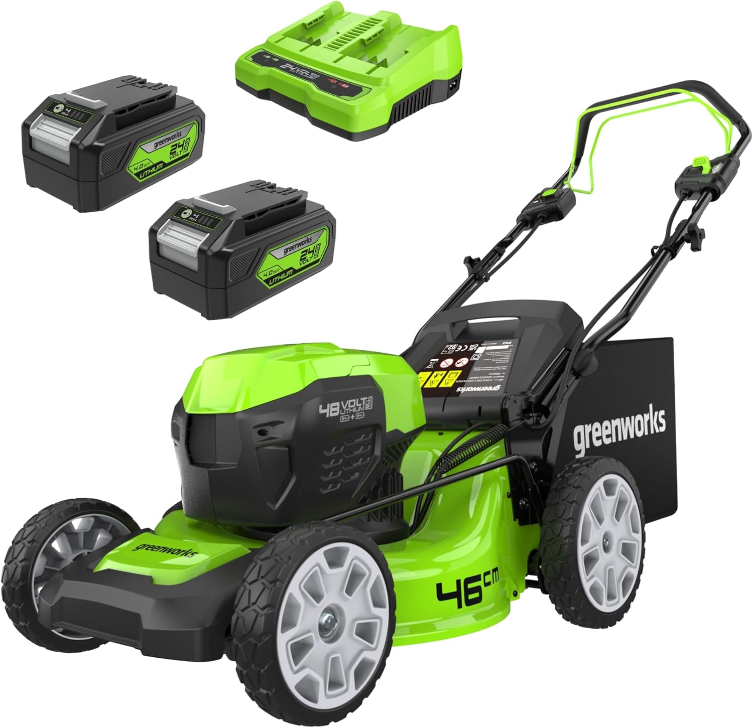 Greenworks 48V (24V x 2) Tondeuse à Gazon Sans Fil Autopropulsée Pelouses Jusqu'à 480m², Largeur de Coupe 46cm, Sac 55L, INCLUS 2 X 24V 4Ah et Chargeur Double, Garantie 3 Ans , GD24X2LM46SPK4X