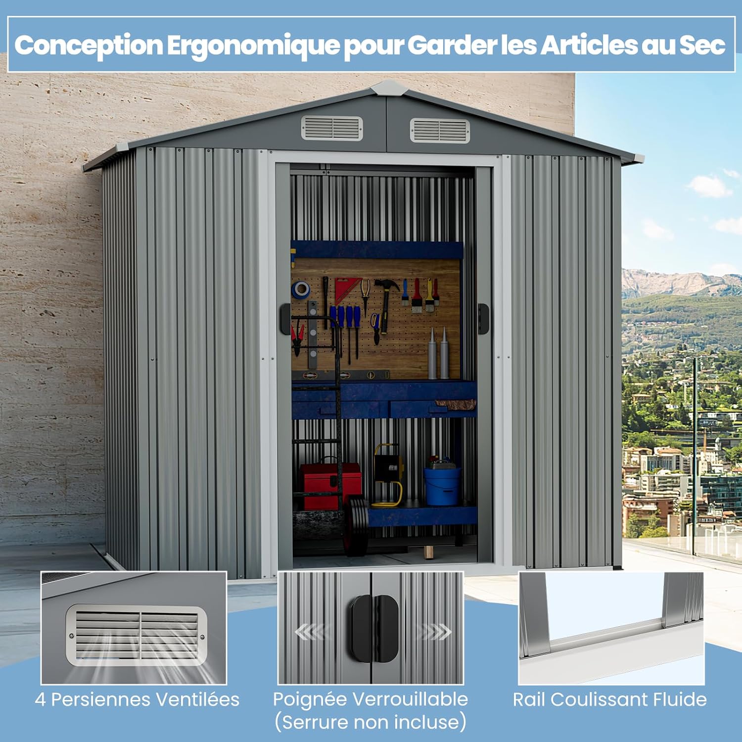 COSTWAY - Abri jardin métal galvanisé - 3,7m³ - double porte, aération, rampe
