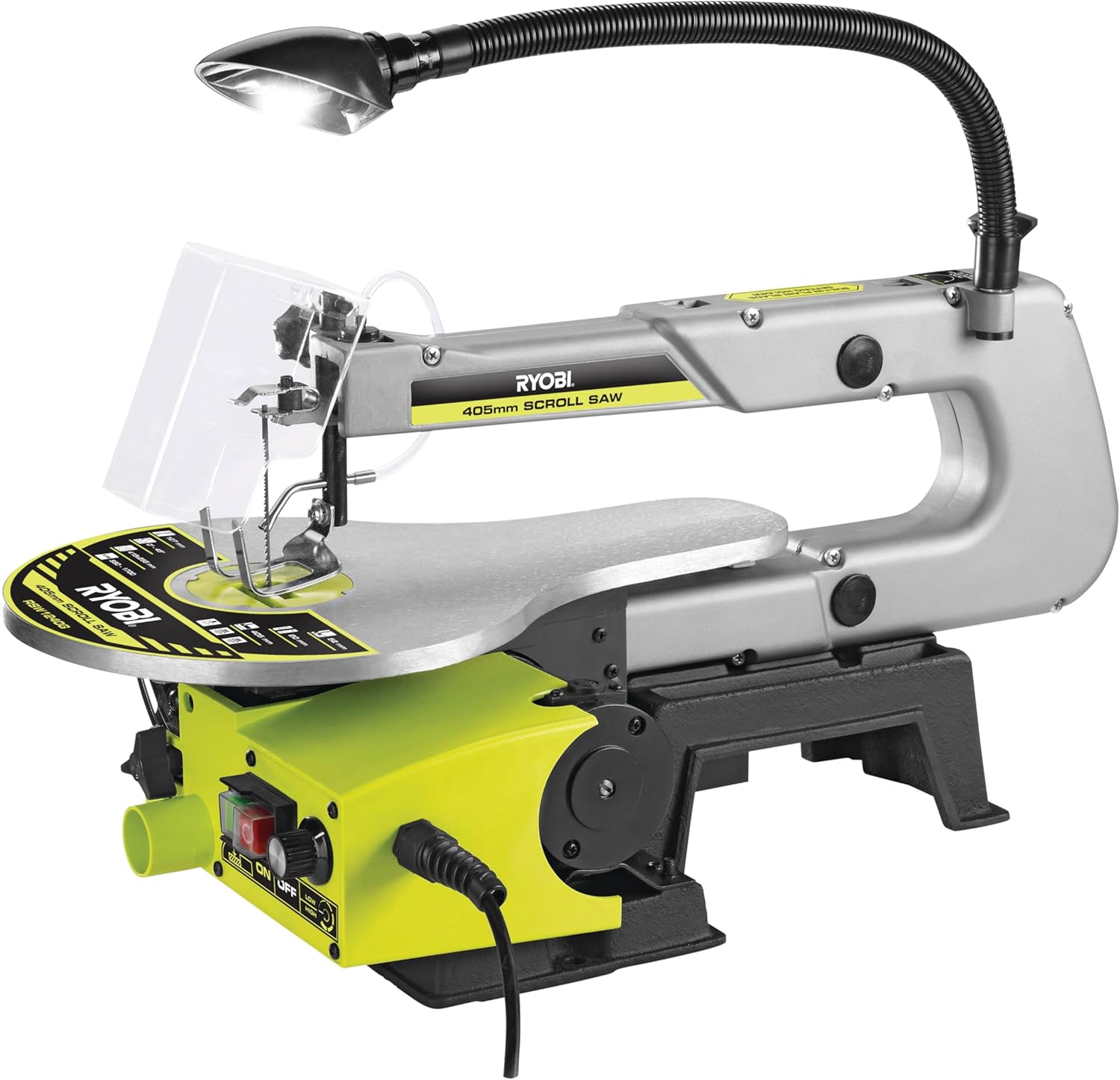 RYOBI - Scie Radiale Stationnaire RSW1240G – 70W, Lampe flexible, Coupe Précise, Butée Réglable pour Travaux bois, marqueterie et ornements