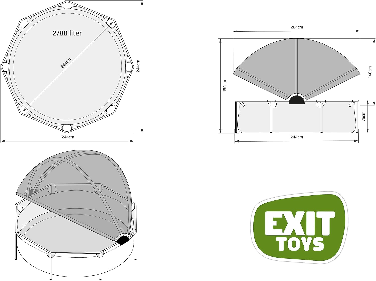 EXIT TOYS Piscine Lime avec Voile d'Ombrage - ø244x76cm - Piscine Hors Sol Ronde avec Pompe Filtrante à Cartouche - Protection Optimale Contre Les Rayons UV - Entrée Basse - Design Unique - Vert