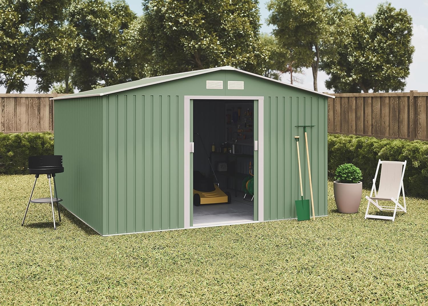 Wasabi - abri de jardin métal - 10,2m2 - double porte coulissante, grilles de ventilation