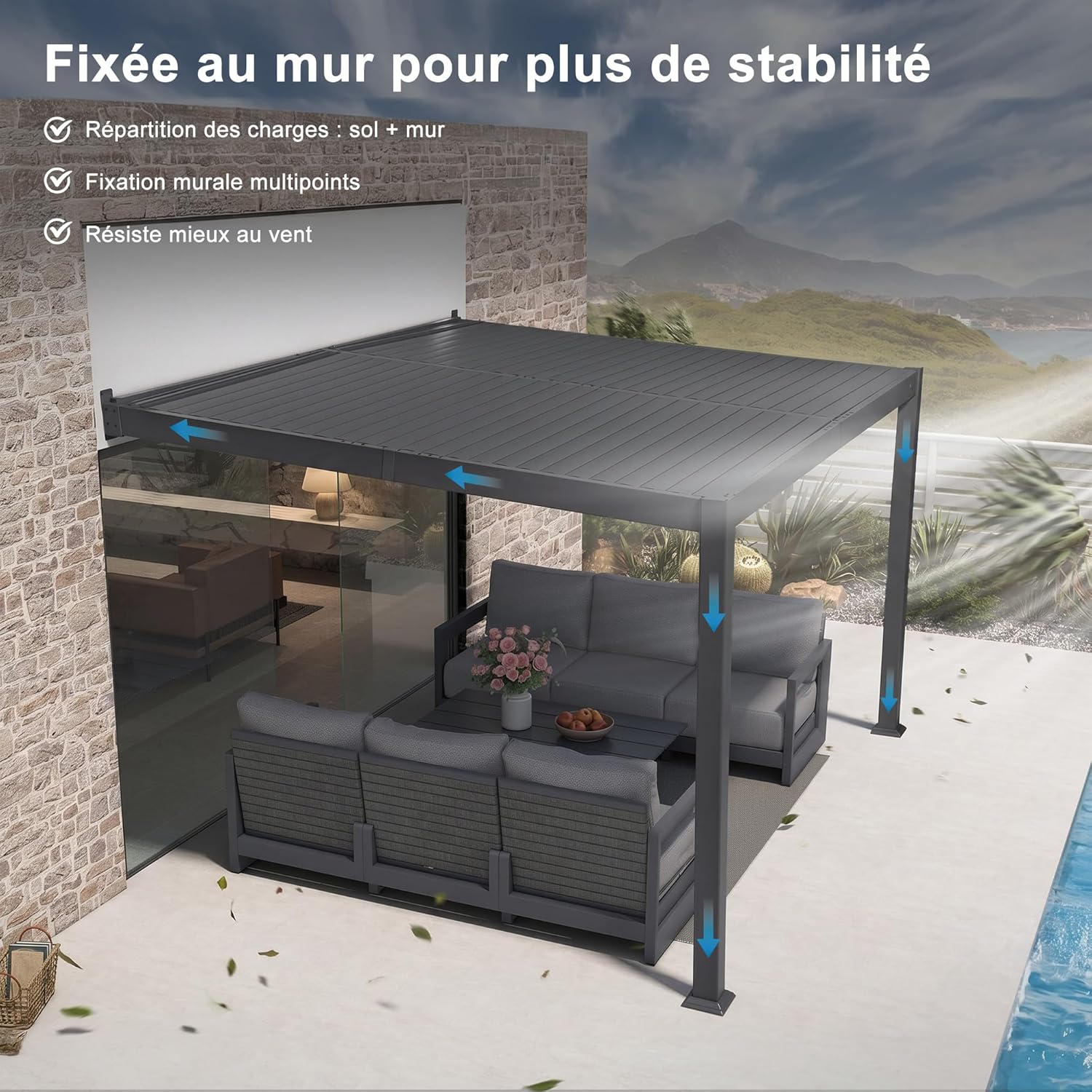 PURPLE LEAF - Pergola adossée 3x3.65m aluminium lames orientables durable