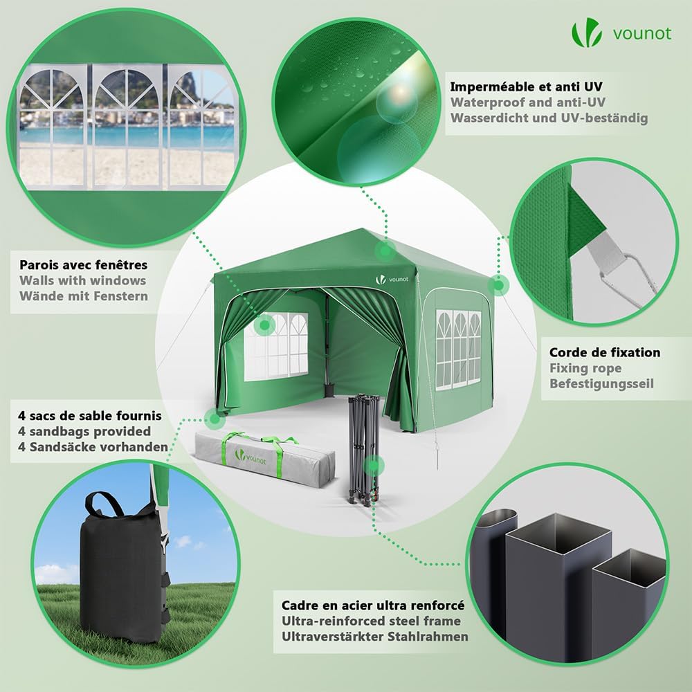 VOUNOT - tonnelle pliante série Jardin - 3x3m - imperméable, anti-UV, hauteur réglable, sac transport