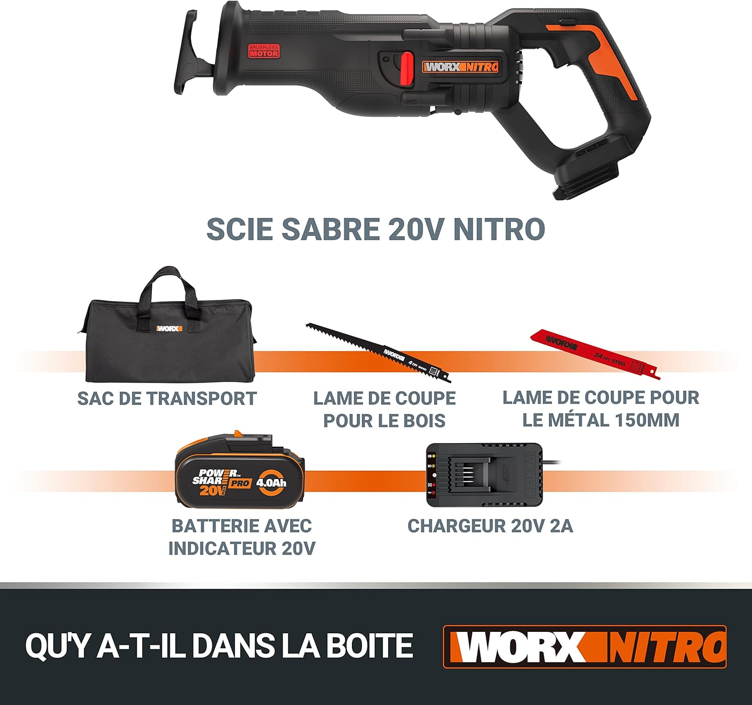 WORX - Scie sabre brushless, 29mm course, 20V, légère, WX516