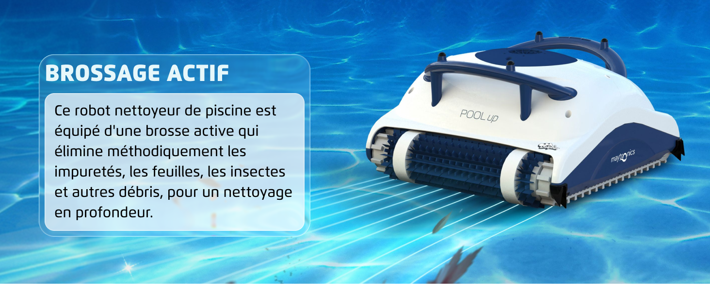 Le texte indique « BROSSAGE ACTIF », suivi d'un texte descriptif en français sur le massage et les bienfaits musculaires. Fond bleu montrant un appareil de massage avec des gouttelettes d'eau.