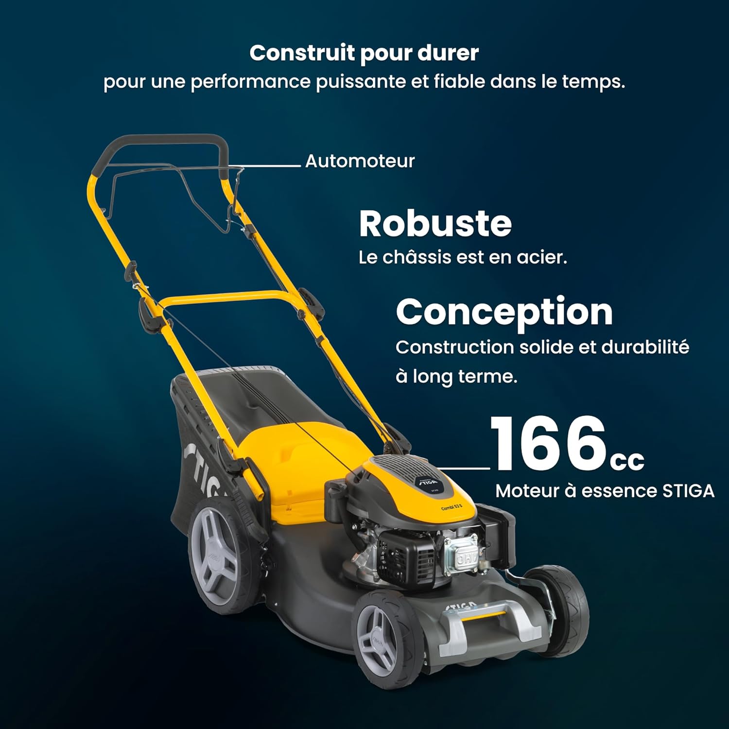 STIGA Combi 53 S Tondeuse Thermique, 166 cm³, 51 cm – Système 3 en 1, Bac 60 L, Réglage Centralisé – pour Pelouses jusqu'à 1 800 m²