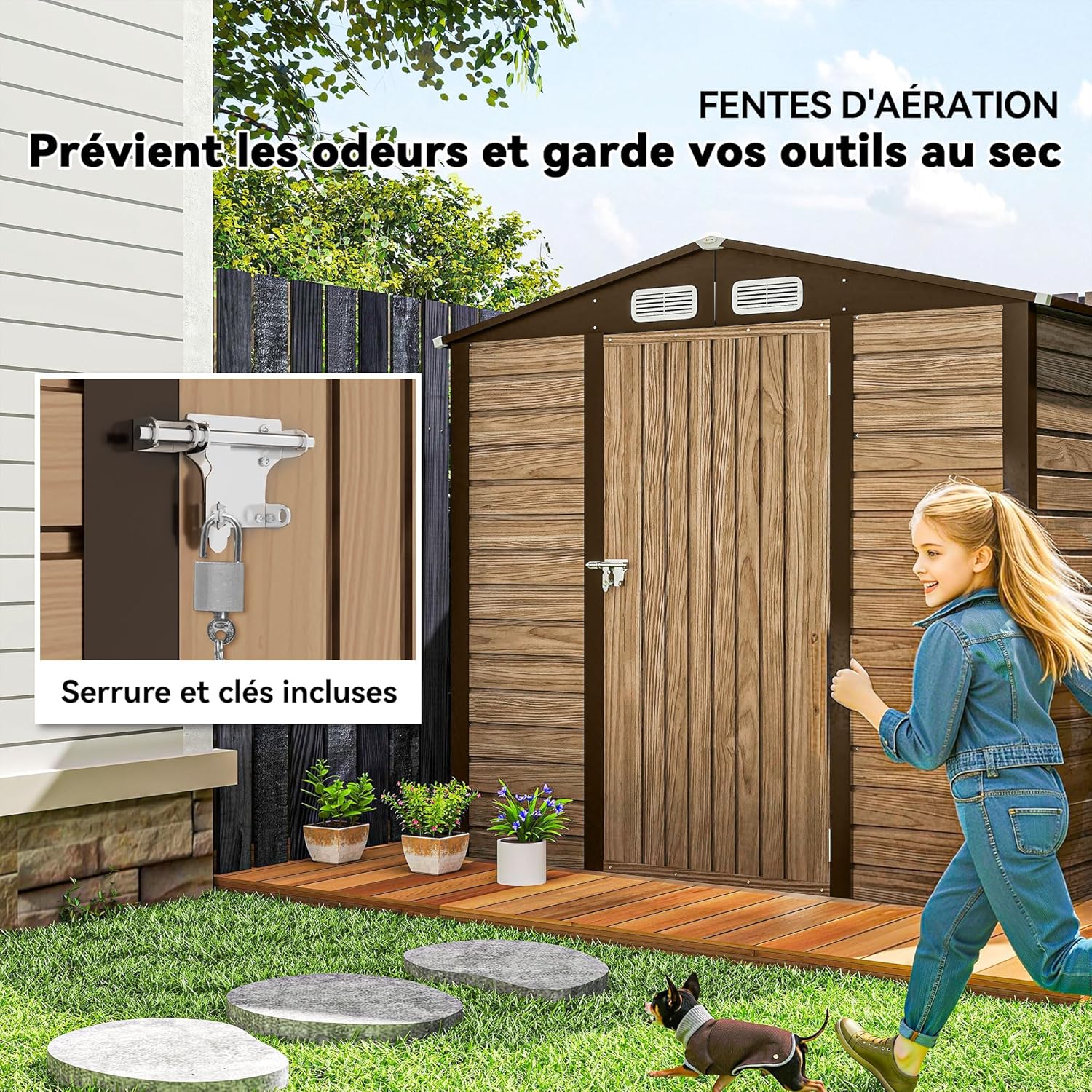 Outsunny Abri de Jardin en métal 2,27 m², Structure en Acier galvanisé améliorée, abri à Outils extérieur, toiture 2 pans avec aérations, Gants et Cadenas Inclus, 190x131x188cm, chêne