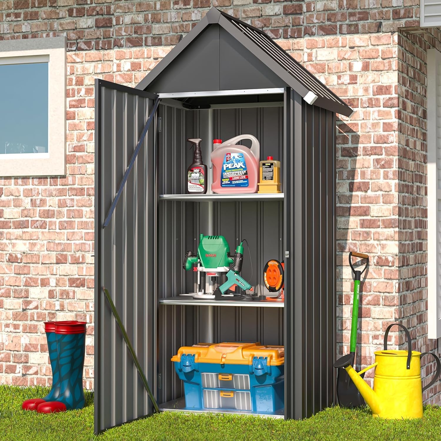 YODOLLA Abri de Jardin Métal, Cabane de Rangement Tout Climat, Résistant aux Intempéries (Pluie, Vent, Soleil)， Porte Fermeture Sécurisée et 3 Étagères Amovibles, 76x55x178cm, Gris foncé