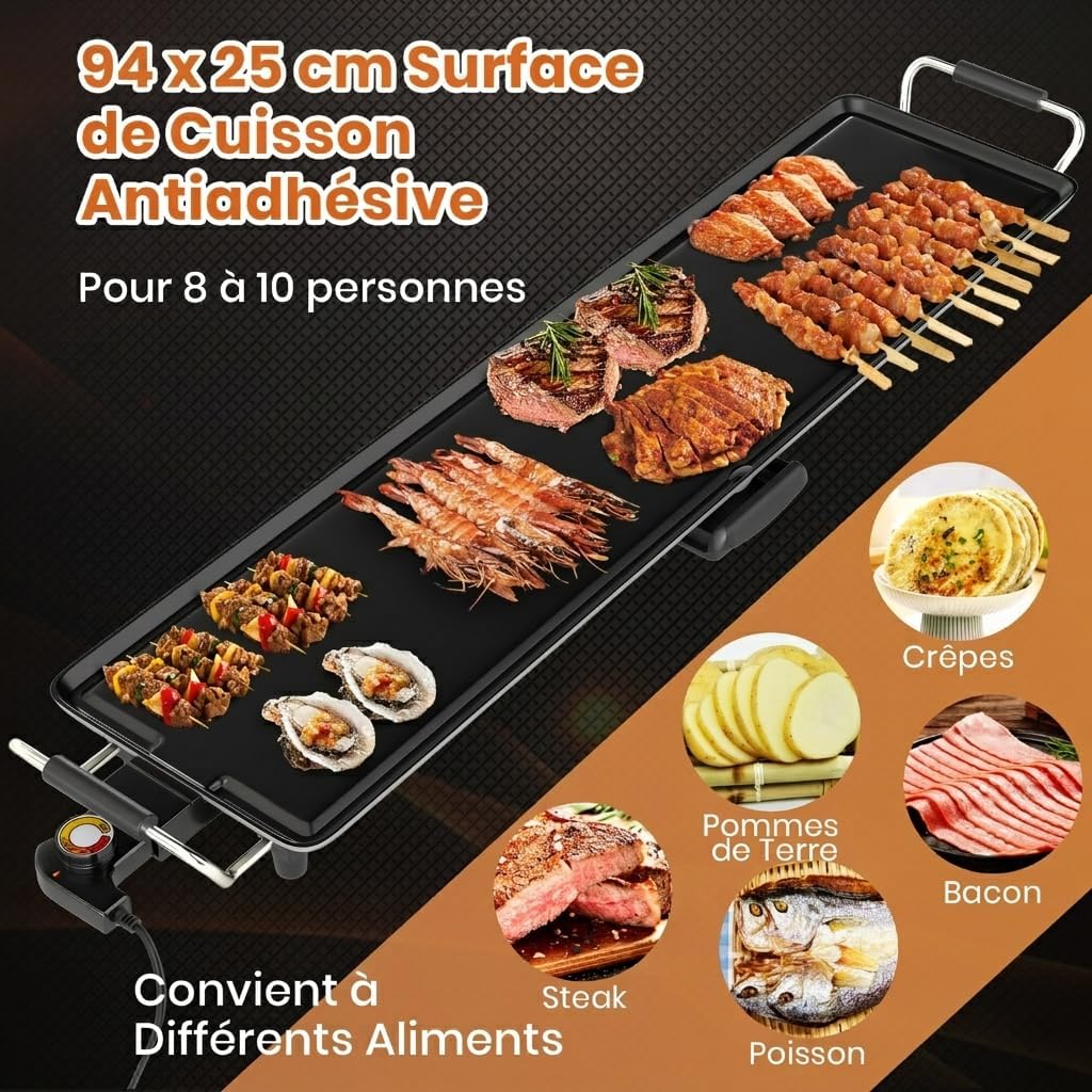 GOPLUS - plancha électrique XXL - 94x25cm - 1800W, thermostat réglable, grande capacité 8 personnes