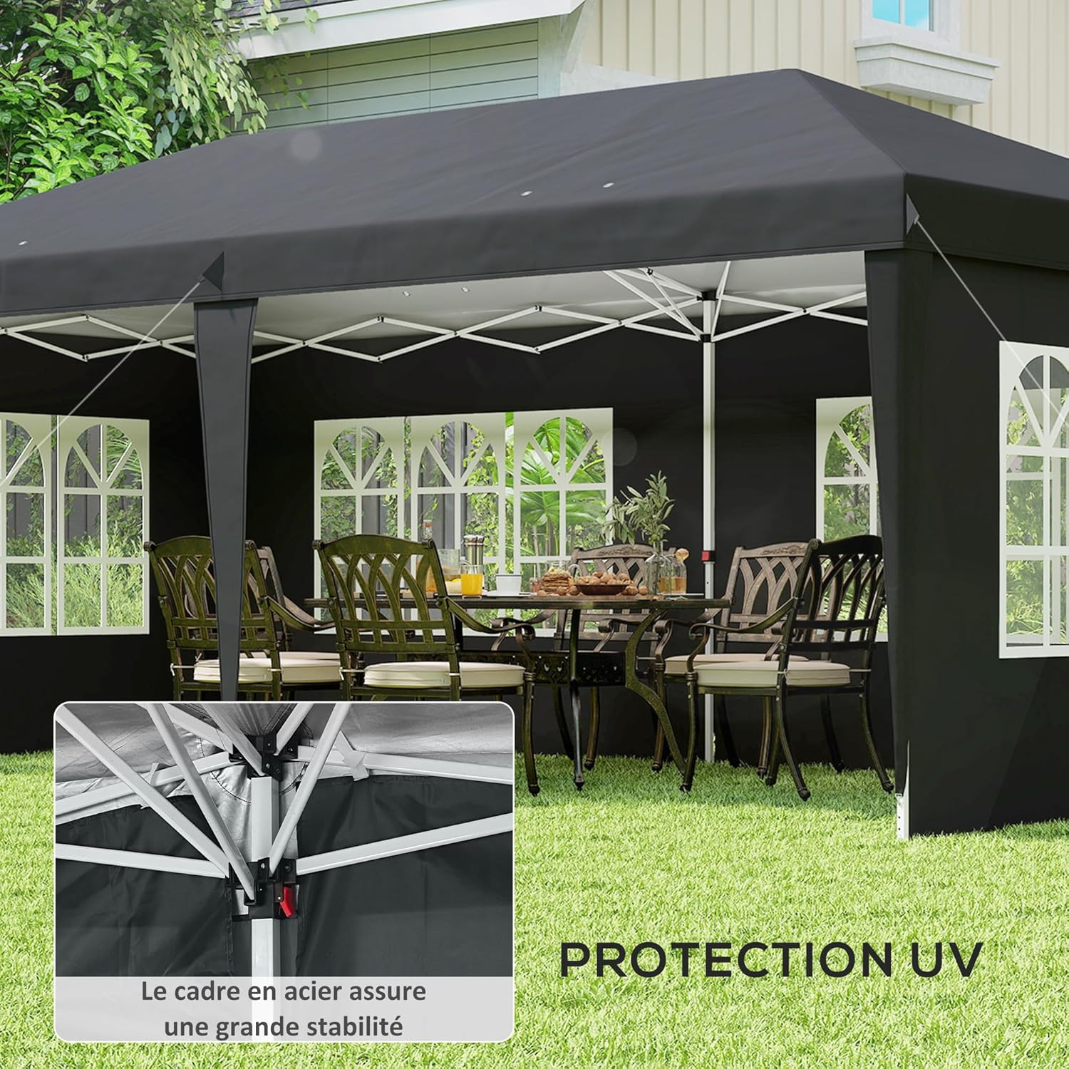 Outsunny - Tonnelle pliante pop-up 3x6m - 3 côtés amovibles, sac de transport, piquets, noir