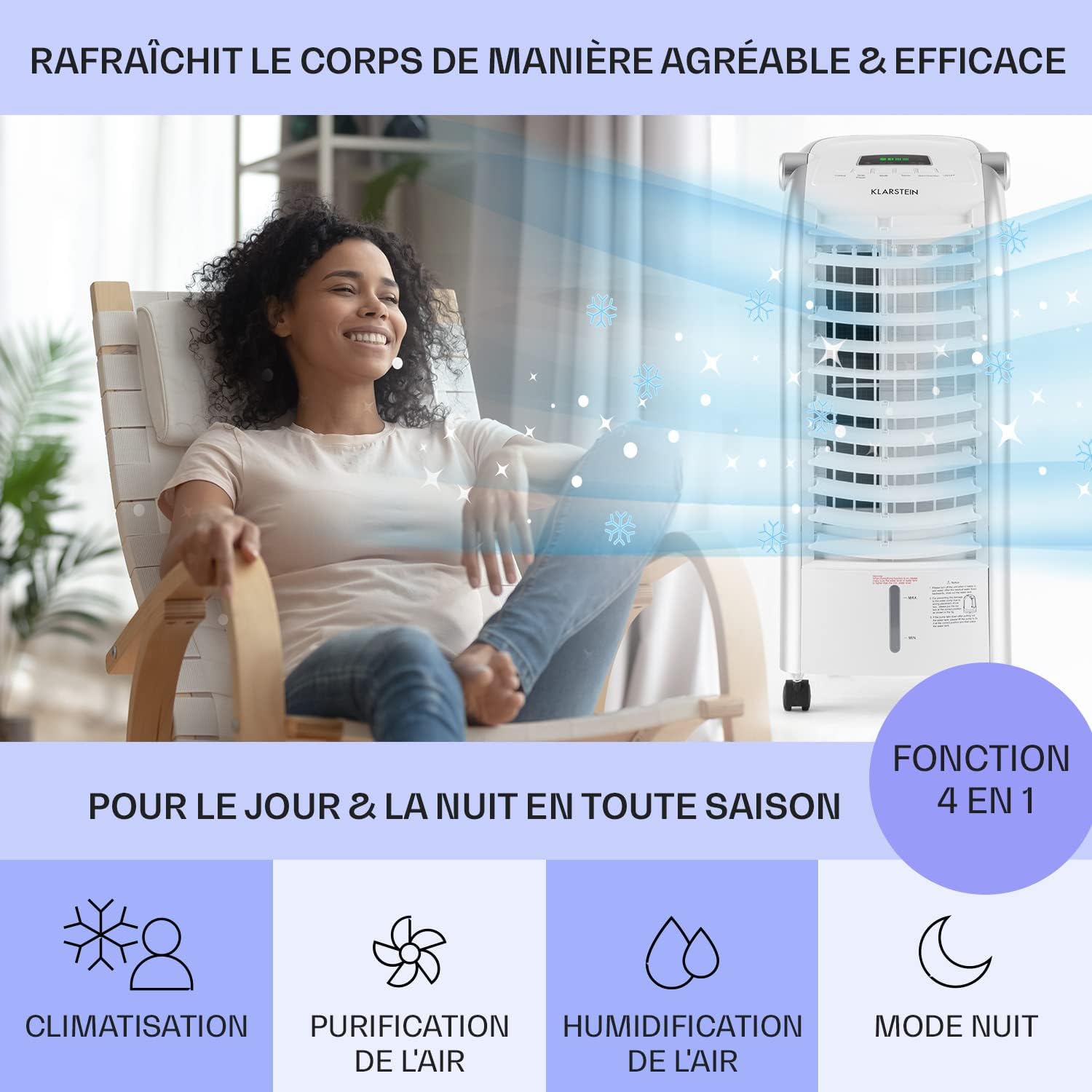 Klarstein Rafraichisseur d'Air 4 en 1, Climatiseur Portable, Humidificateur, Ventilateur, Ioniseur, Climatiseur Mobile Sans Évacuation, Pack Glacons, Réservoir 6L, 65W, Puissant Débit d'Air 444m³/h