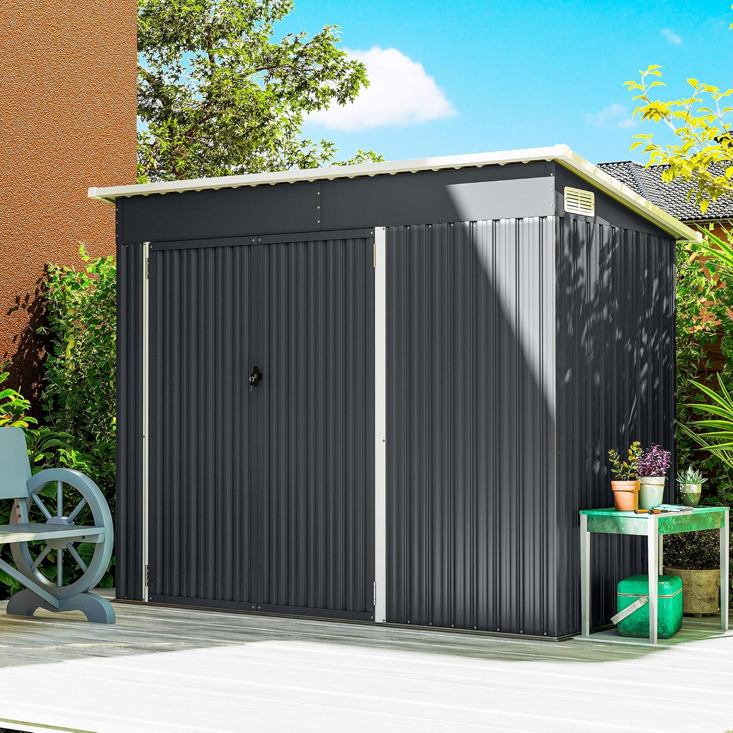Outsunny - abri de jardin métal série - 234x132x185 cm - triple porte, toit incliné, aérations, gris foncé