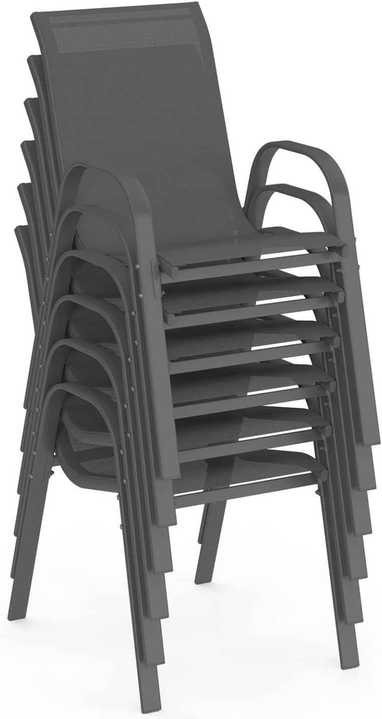 IDMarket - Salon Madrid - table ronde 120cm, 6 chaises empilables, gris anthracite