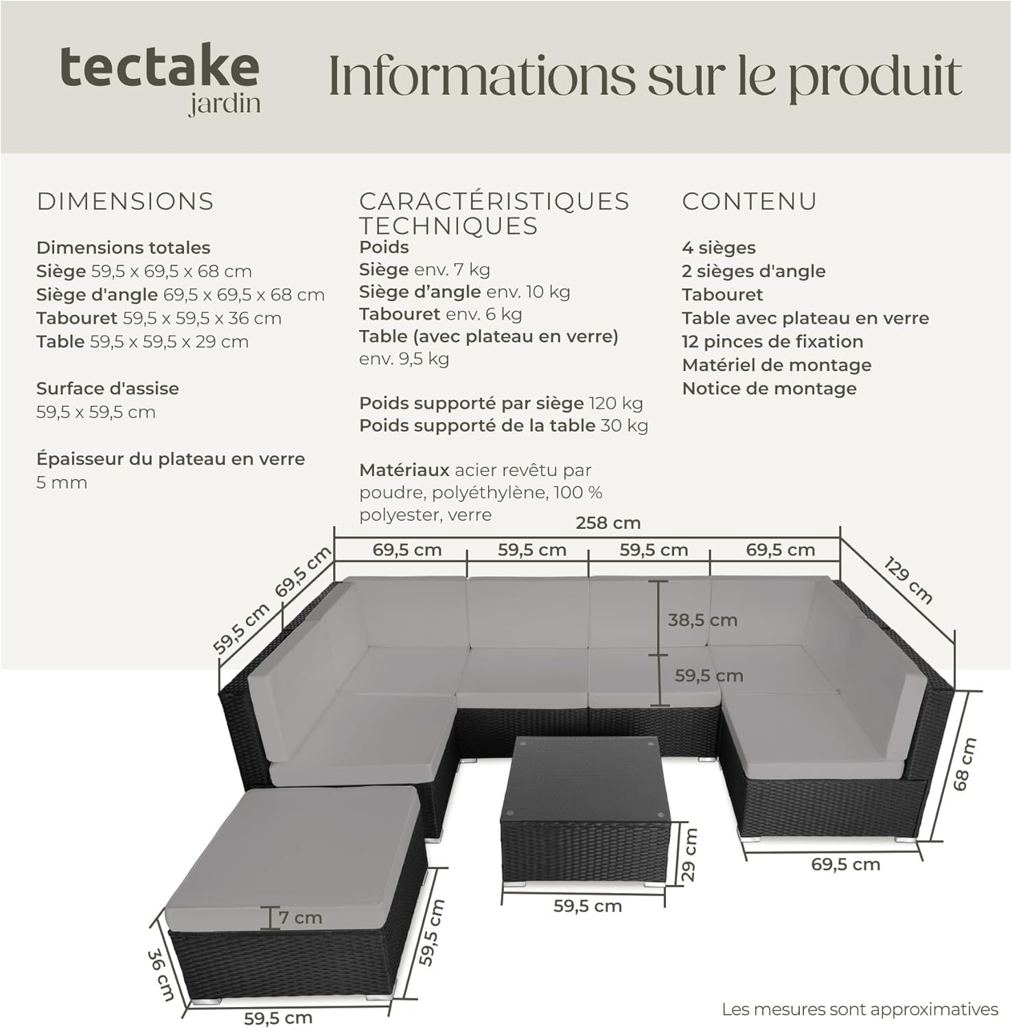 tectake - Salon de Jardin modulable 6 places, confort rotin, table + pouf, noir/gris