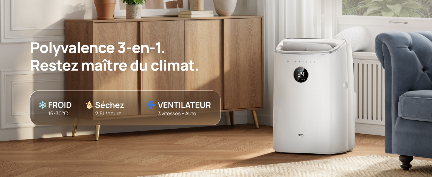 Le texte se lit comme suit : « Polyvalence 3-en-1. Postez « maître d'éliminez » avec des icônes pour « FROID », « SÈCHE », « VENTILATEUR ». Unité de purificateur/humidificateur d'air cylindrique blanche présentée dans une pièce moderne avec des meubles et des plantes.