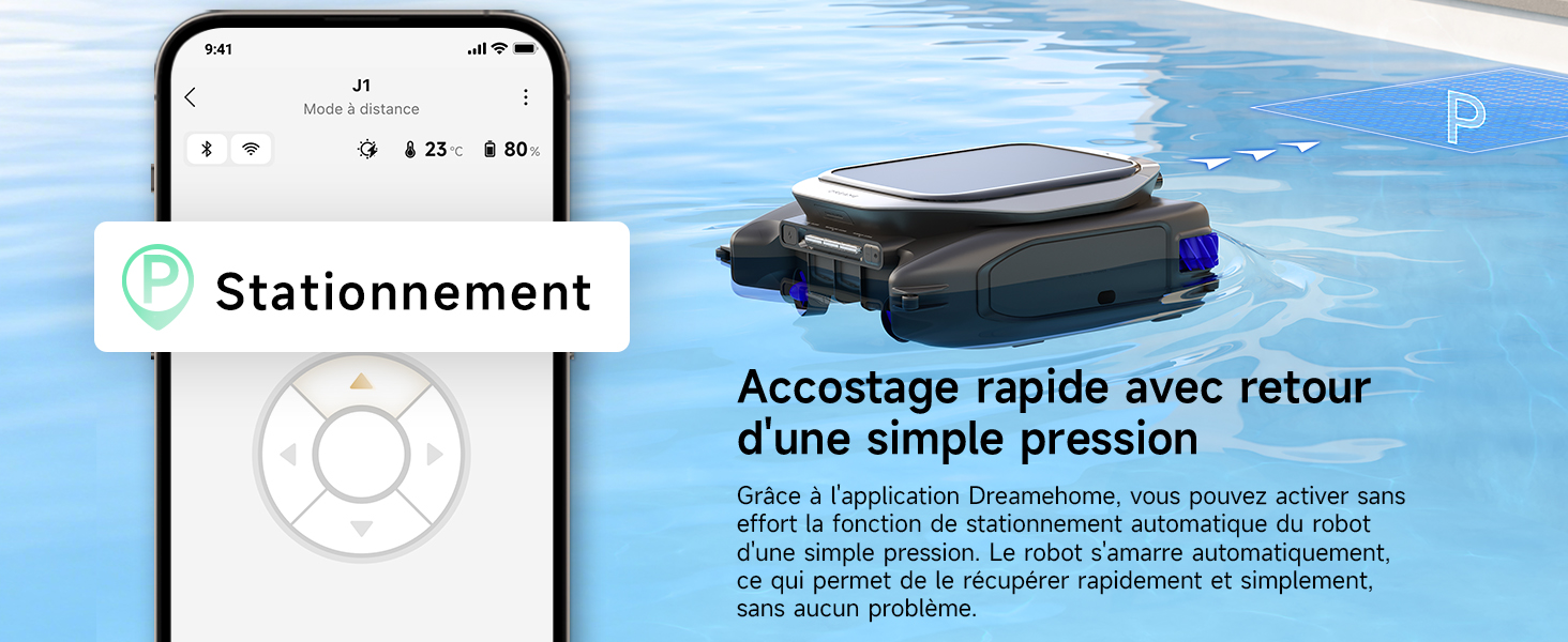 Écran du smartphone montrant l'interface de stationnement avec le texte français « Stationnement » et des options de menu supplémentaires visibles.