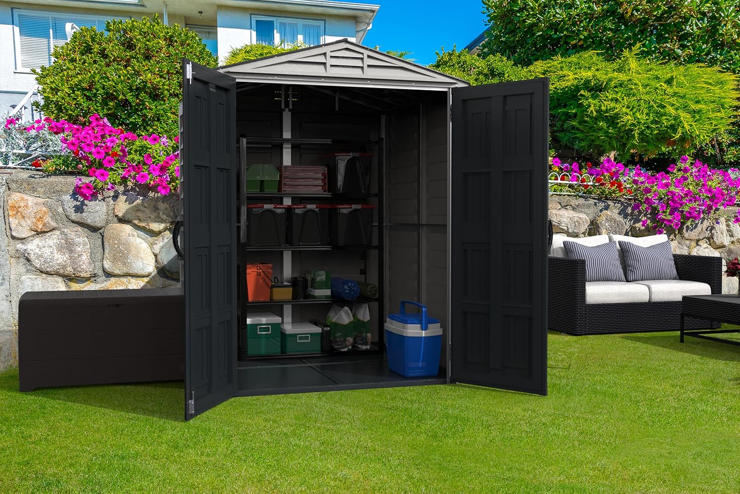 Duramax - YardMate PLUS - 5x5 ft - abri jardin plastique, plancher robuste, toit métal, ignifuge, sans entretien