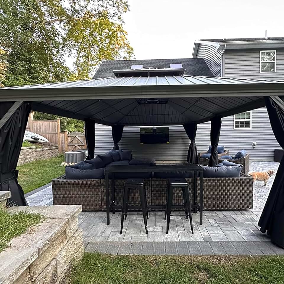 PURPLE LEAF - pergola double toit - 4,25x6m - alu, rideaux, moustiquaire, guirlande