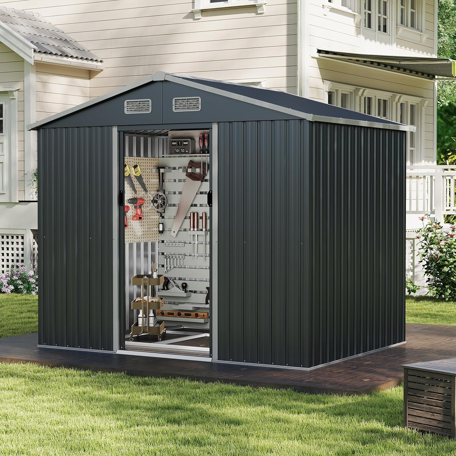 Abri de jardin métal 4m² - toît double pente, portes coulissantes, 