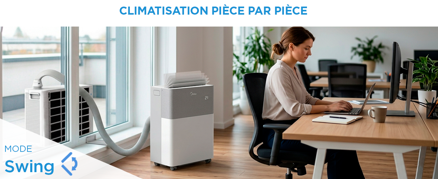 Le texte indique « PIÈCE PERSONNALISABLE PAR PIÈCE ». Personne travaillant à un bureau en bois dans un espace de bureau lumineux avec purificateur d'air visible.
