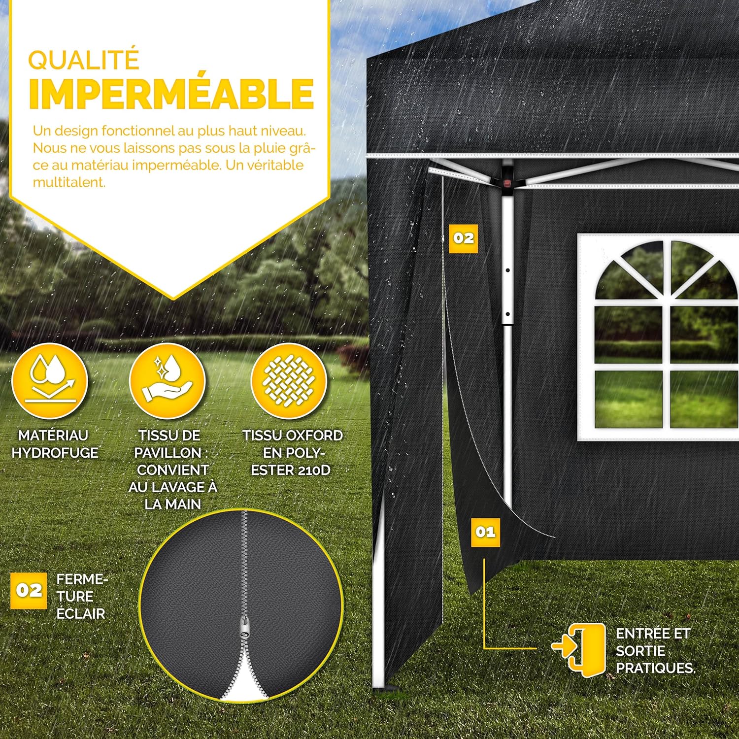 tillvex - Tonnelle pliante 3x3m - 2 côtés, hauteur réglable, UV 50+, sac