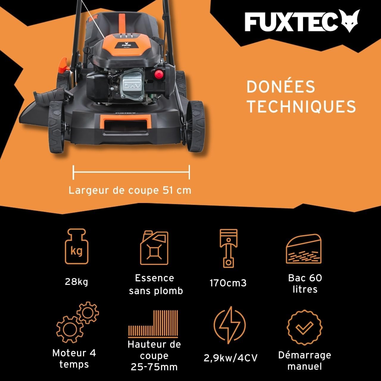 FUXTEC - tondeuse autotractée 51 cm, essence 170 cm³, bac 60 L, FX-RM5170