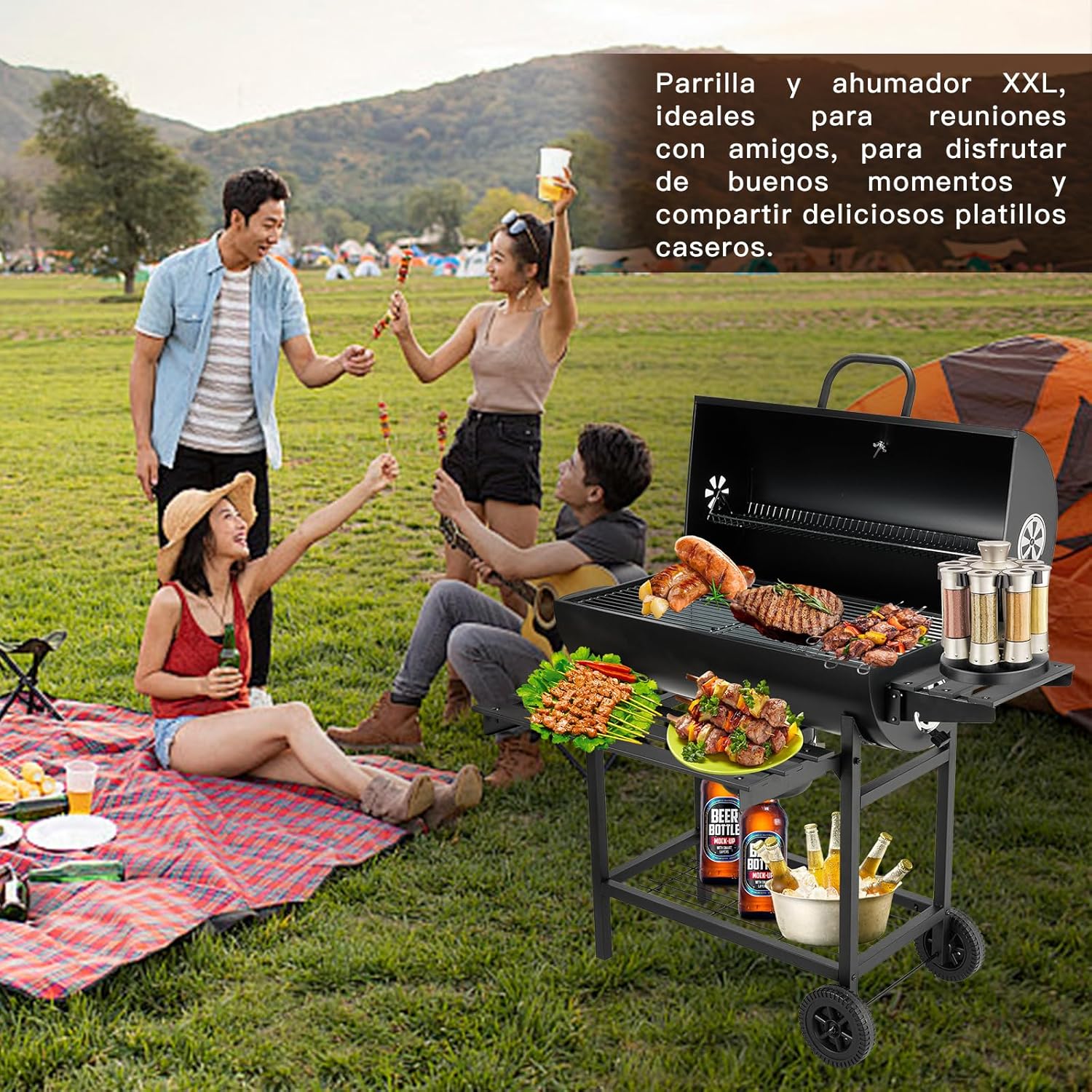 TEENO - Barbecue XXL - grille, gants, thermomètre, tiroir à cendres