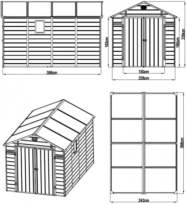Jôbu - abri de jardin résine gris 8,9m², double pente, kit fondation