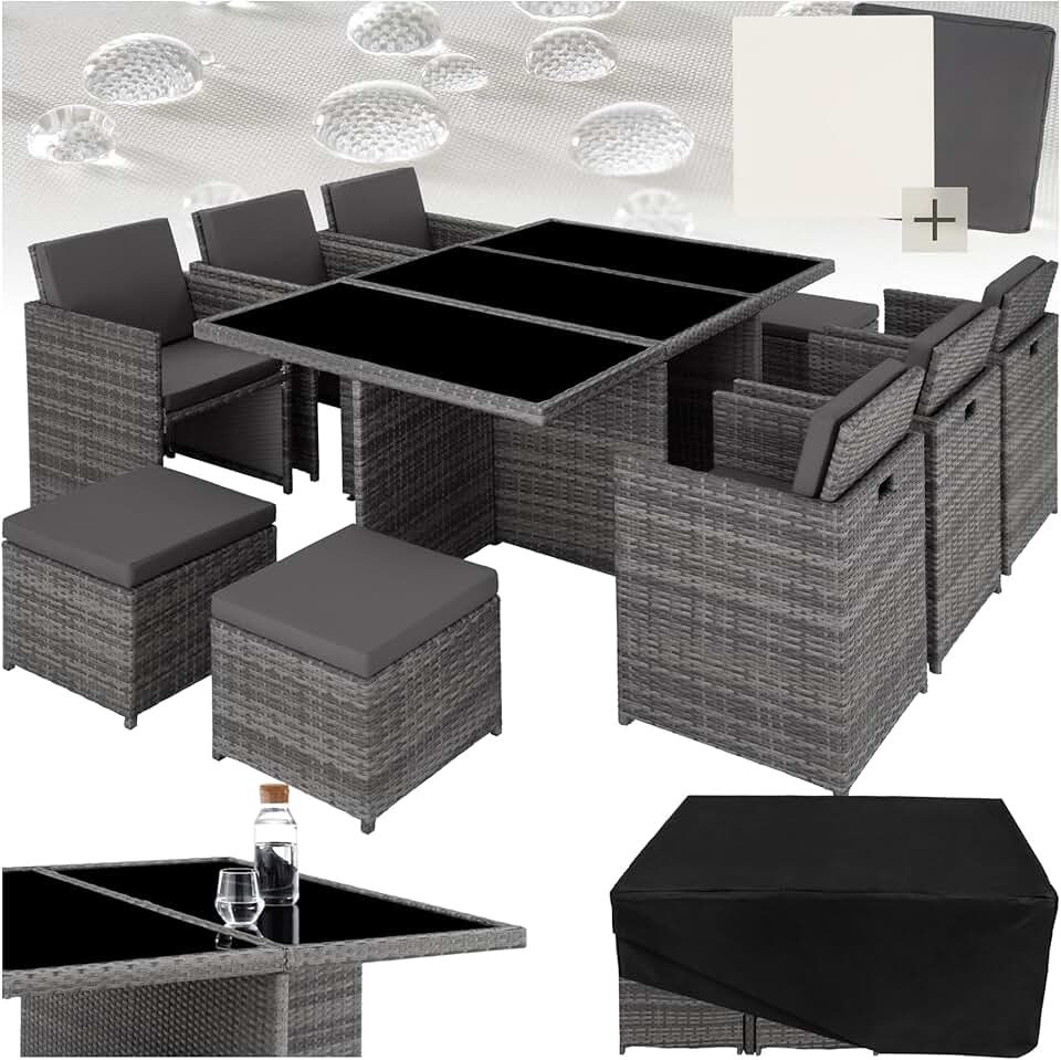 Tectake - Salon de jardin polyrotin 10 places, housses incluses, gris