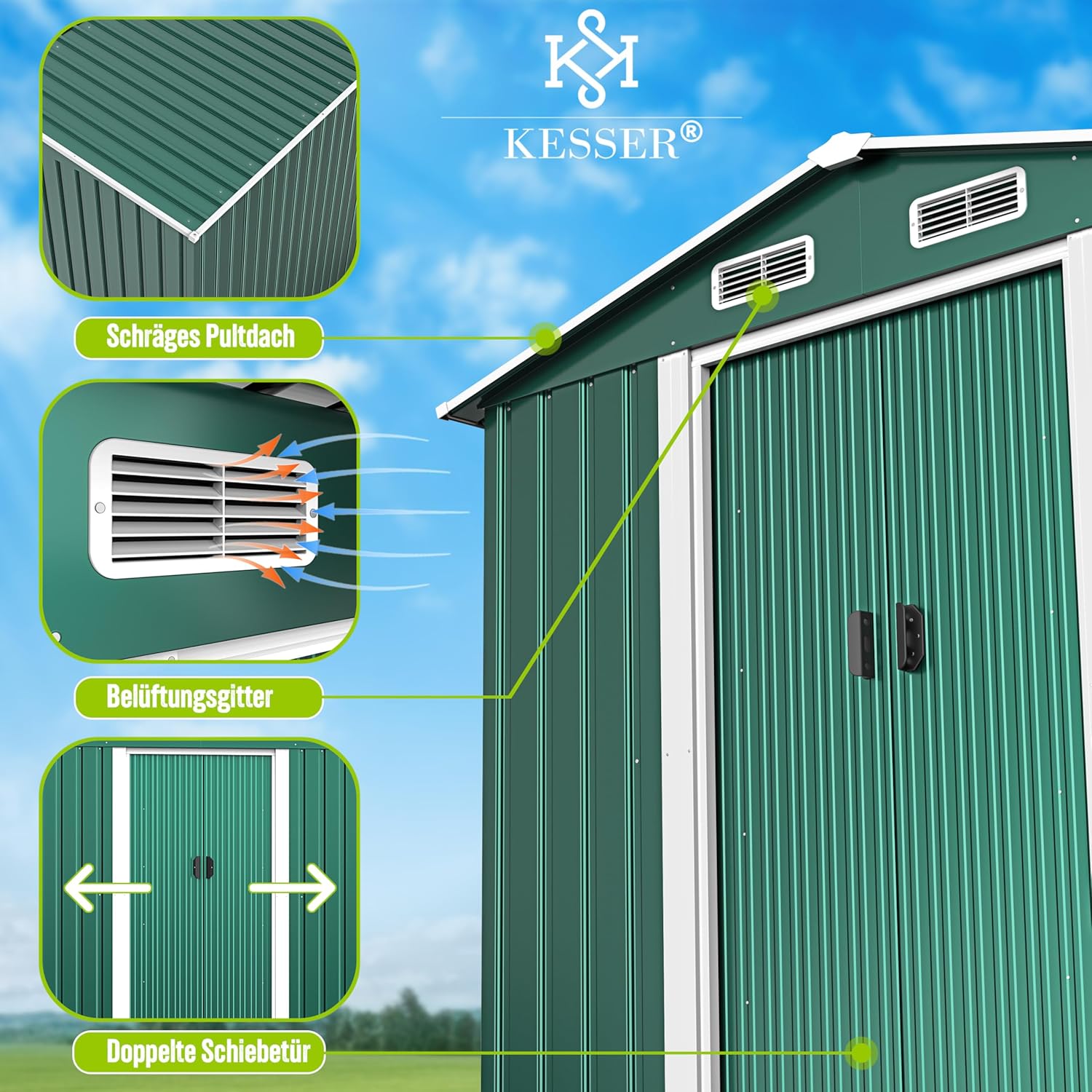 KESSER® Abri de Jardin XL en métal de 4,2 m³ avec Fondation, Gants de Travail, 182 x 118 x 186 cm, 2 Portes coulissantes, Abri à Outils, Armoire, Toit à Pente de Jardin Vert